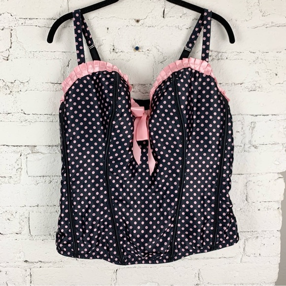 Cacique Black Pink Polka Dot Wired Corset Top Bow Pin Up 22/24 - Picture 1 of 6